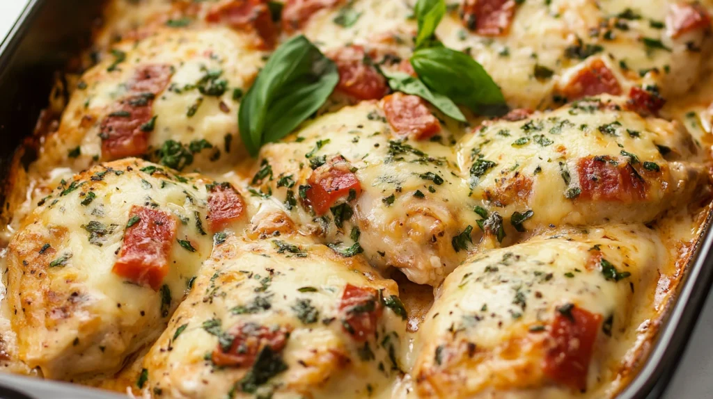 Fresh ingredients for Baked Tuscan Chicken, including chicken breasts, spinach, sun-dried tomatoes, and Parmesan cheese