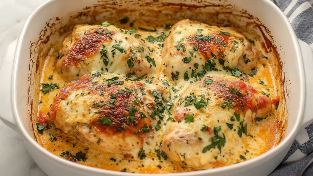 Chicken breasts simmering in a skillet with creamy sauce and sun-dried tomatoes for Italian Baked Chicken