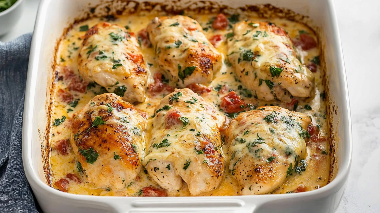 Baked Tuscan Chicken with creamy Parmesan sauce, spinach, and sun-dried tomatoes served on a white plate