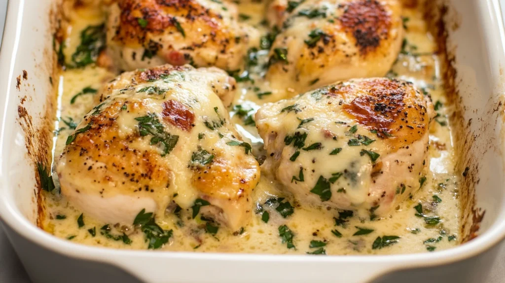 Creamy Parmesan sauce with garlic, spinach, and sun-dried tomatoes for Tuscan Baked Chicken recipe