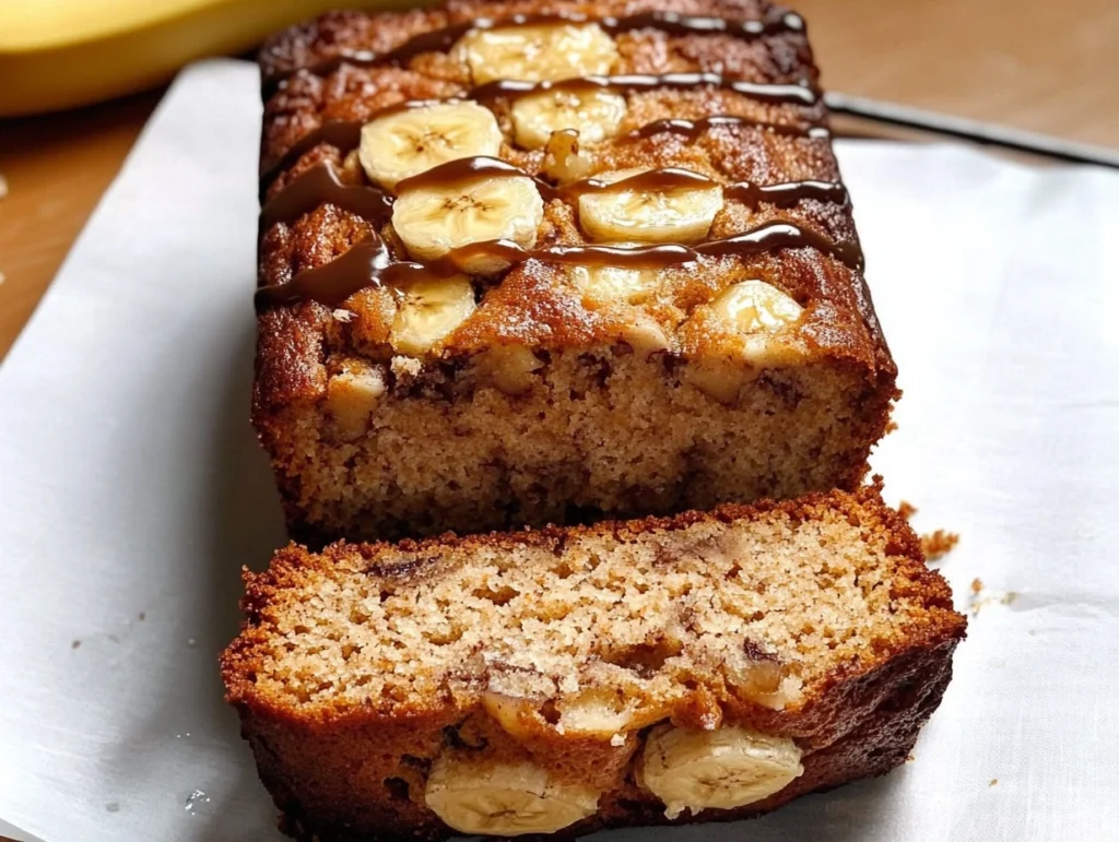 A freshly baked loaf of cottage cheese banana bread on a wooden cutting board.