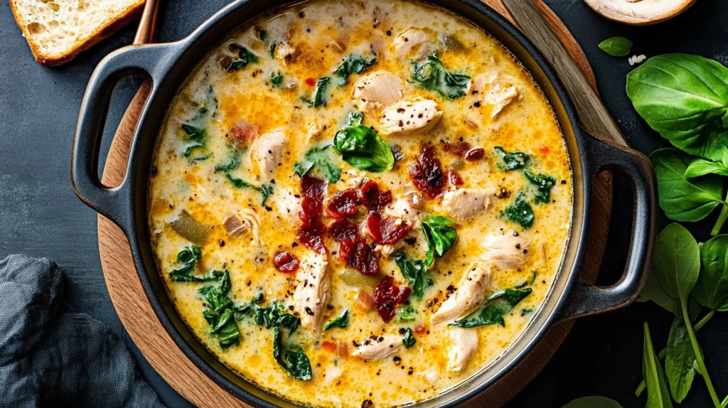 Fresh ingredients for creamy Tuscan chicken soup including chicken, spinach, sun-dried tomatoes, and heavy cream.