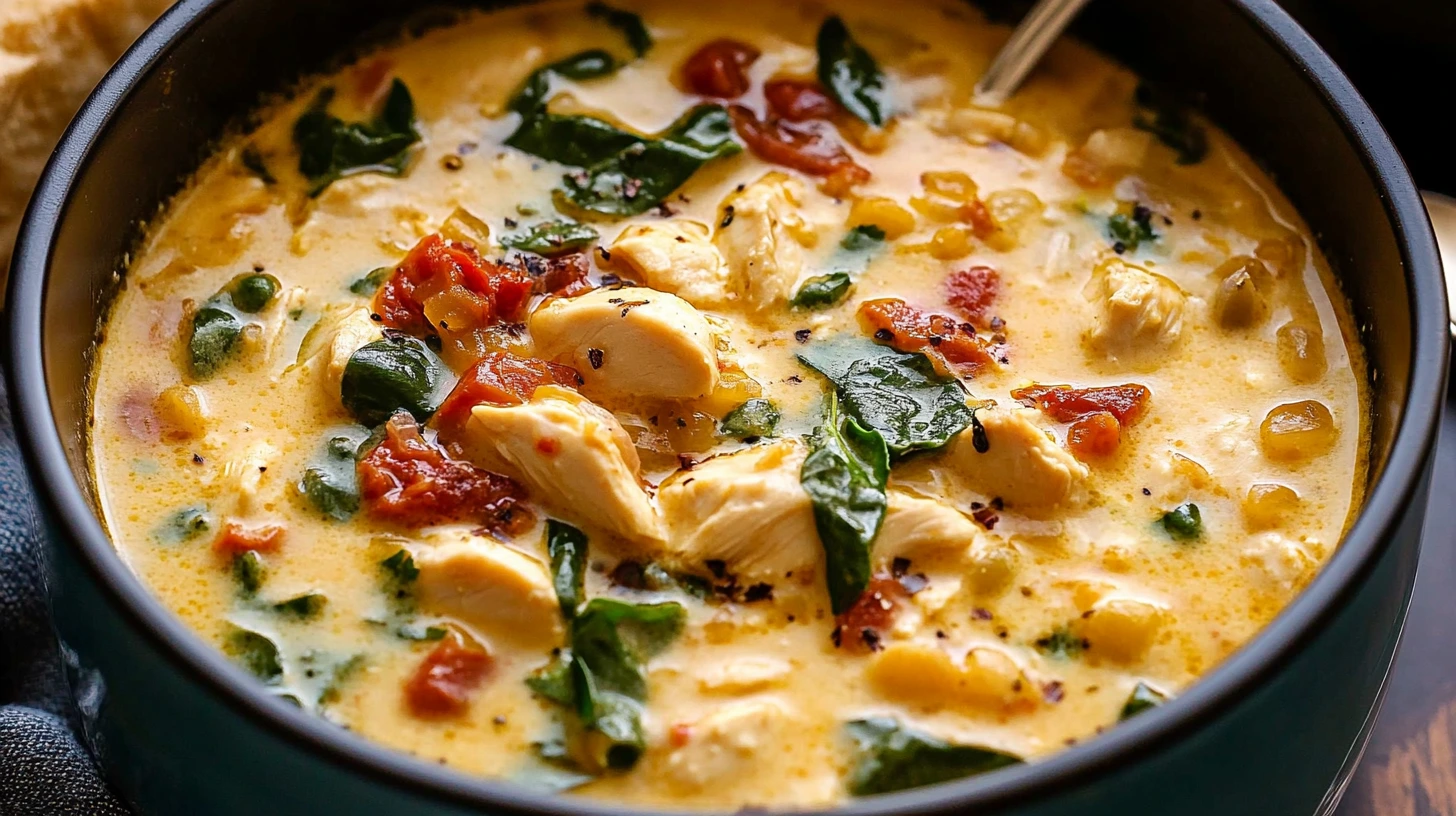 A steaming bowl of creamy Tuscan chicken soup garnished with Parmesan cheese and fresh spinach.