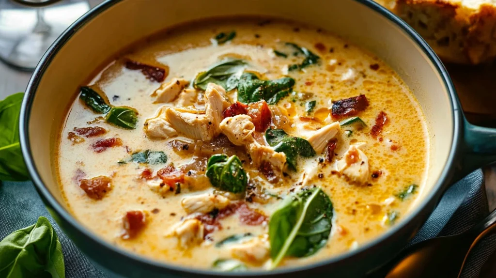 Step-by-step process of making creamy Tuscan chicken soup, featuring sautéed garlic and sun-dried tomatoes.