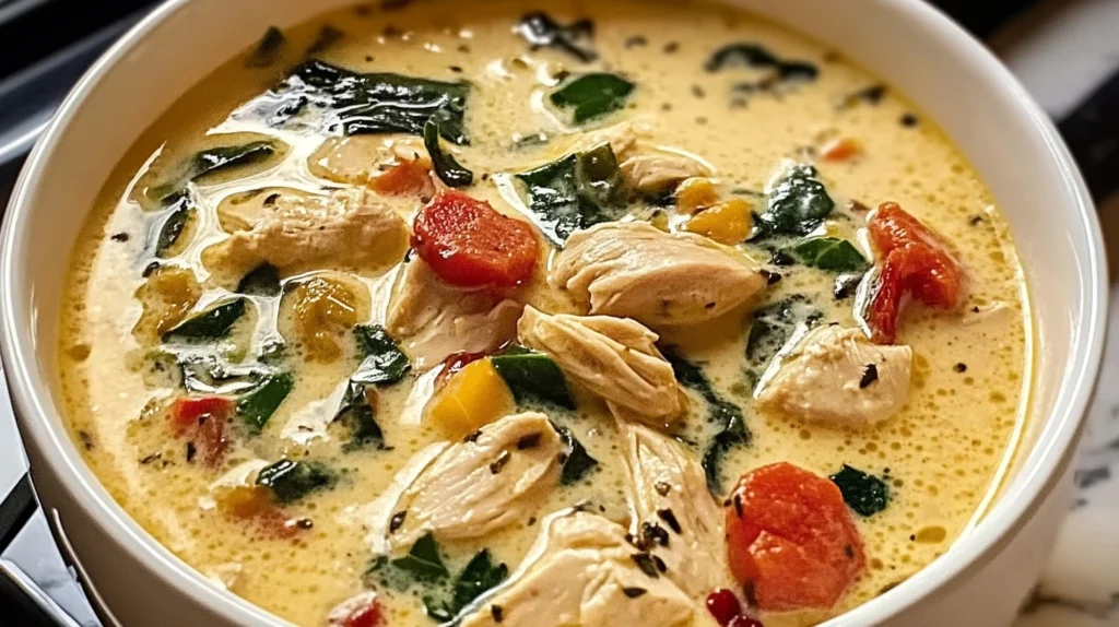 Close-up of creamy Tuscan chicken soup highlighting tender chicken pieces, wilted spinach, and rich broth.