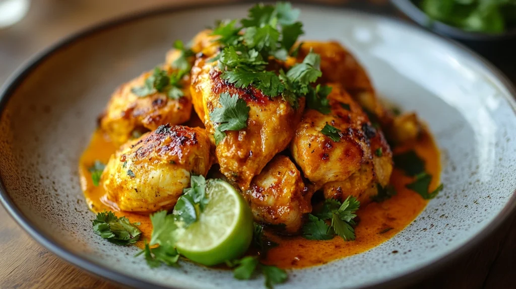 Served Churu Chicken Amarillo with Rice and Boiled Potatoes