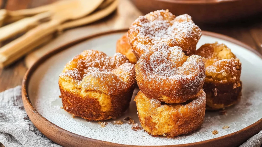 Sprinkling cinnamon sugar topping on French toast muffins