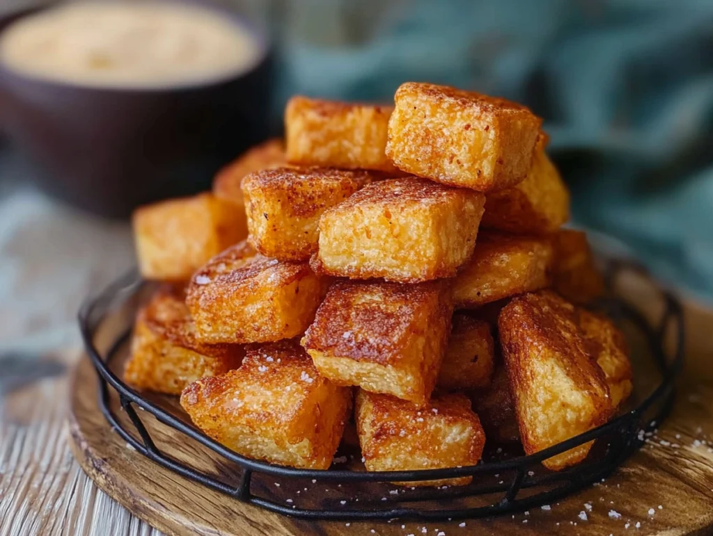 Fresh queso frito slices being fried in a skillet with spices and herbs for added flavor.