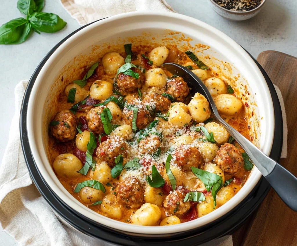 Slow cooker preparing Tuscan chicken meatballs and gnocchi in a creamy sauce