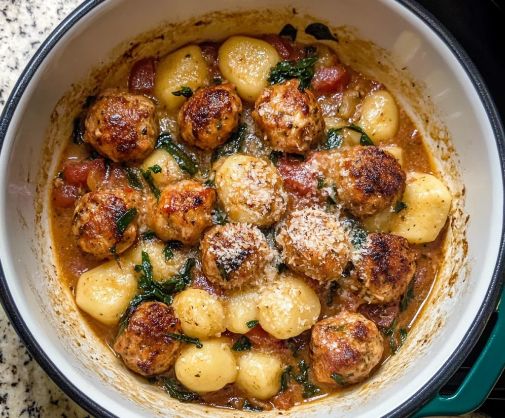 Ingredients for Tuscan chicken meatballs and gnocchi, including ground chicken, spinach, and gnocchi