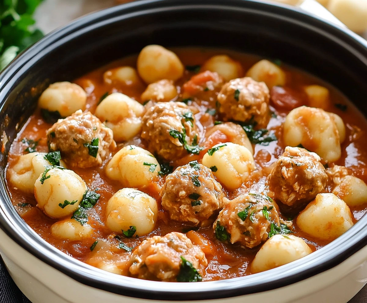 Slow cooker Tuscan chicken meatballs with gnocchi served in a creamy sauce