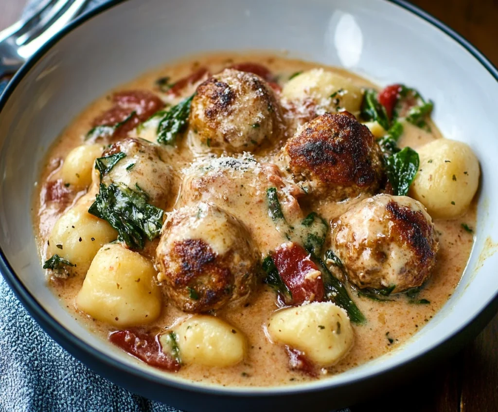 Creamy Tuscan chicken meatballs with gnocchi served in a bowl