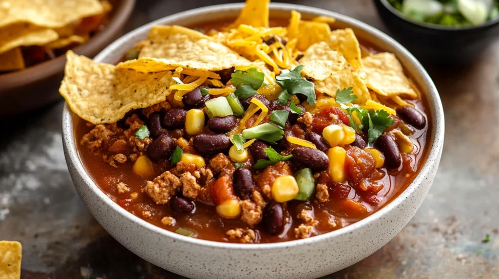 Fresh ingredients for Taco Soup Frios including Fritos chips, black beans, diced tomatoes, and spices.