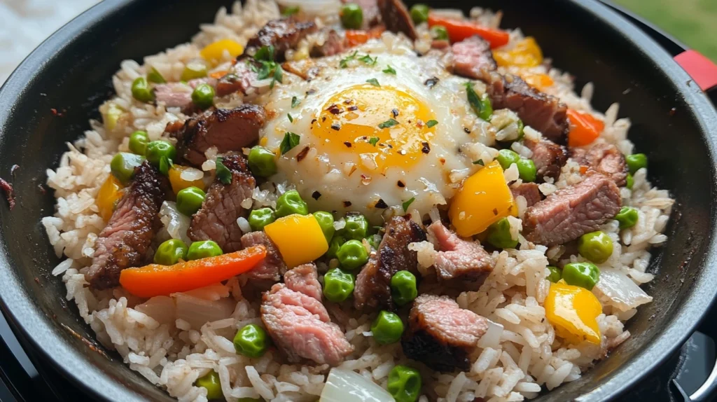 Ingredients for Beef Pepper Rice including beef slices, rice, butter, and black pepper