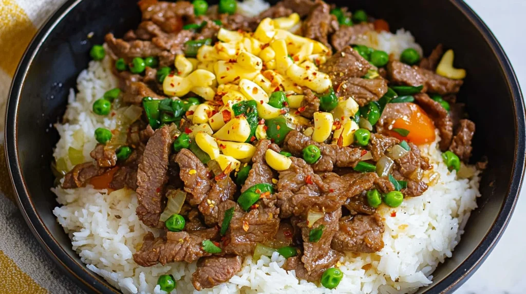 Homemade Beef Pepper Rice with fluffy rice and tender beef slices