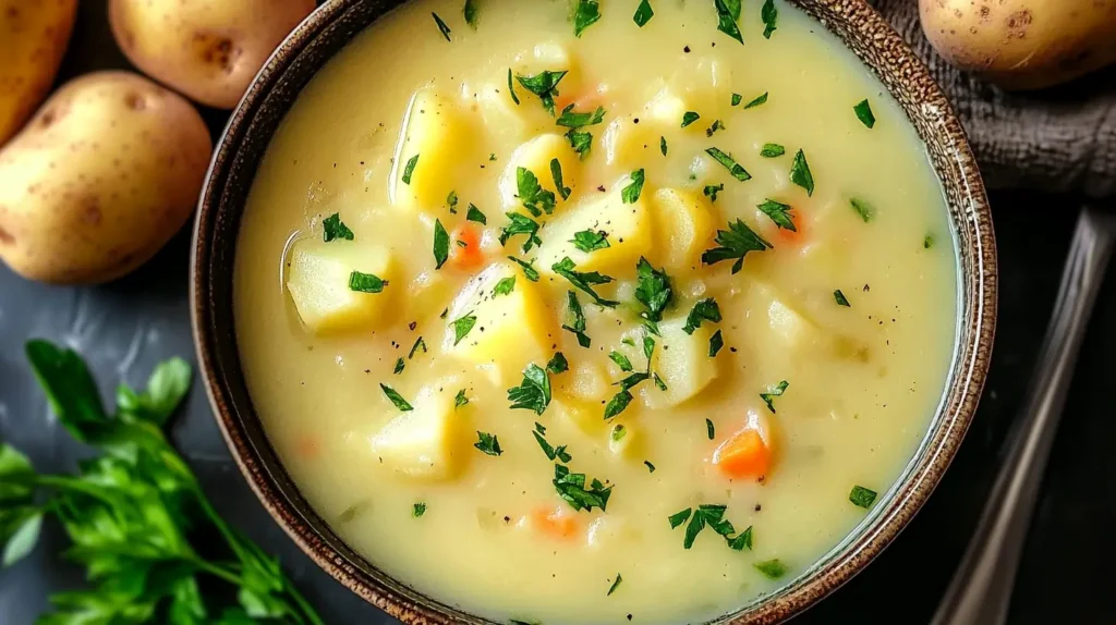 Step-by-step preparation of Benignis Potato Soup in a pot with diced potatoes and broth