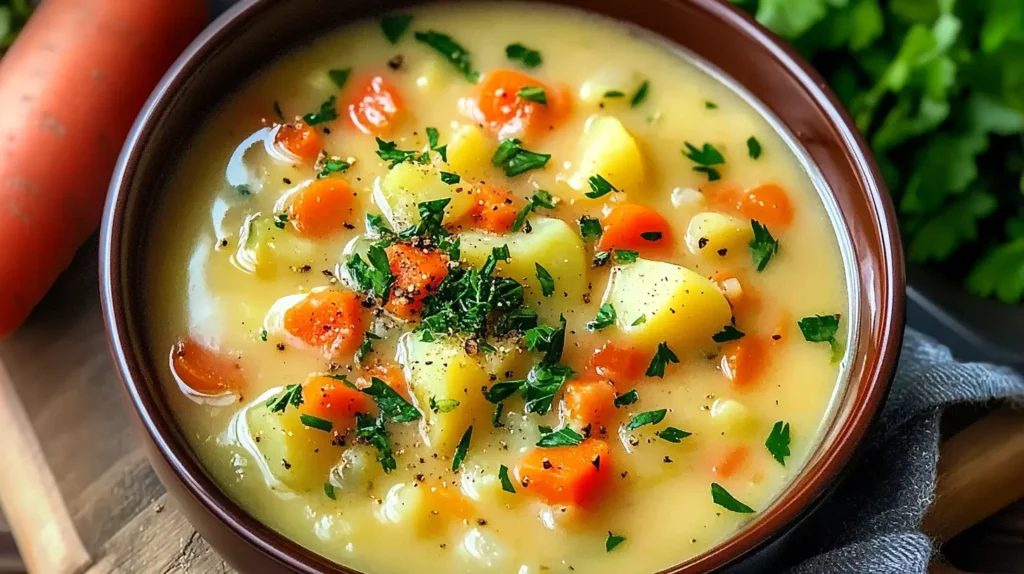 Benignis Potato Soup served with crusty bread and a side salad, perfect for a cozy dinner