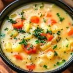 Creamy bowl of Benignis Potato Soup with garnishes of parsley and crumbled bacon