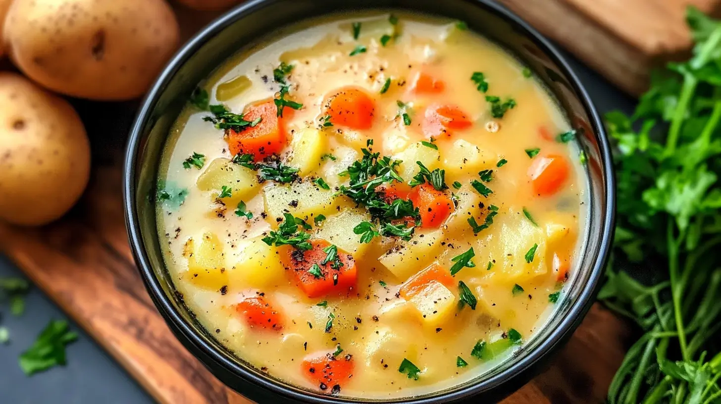 Creamy bowl of Benignis Potato Soup with garnishes of parsley and crumbled bacon