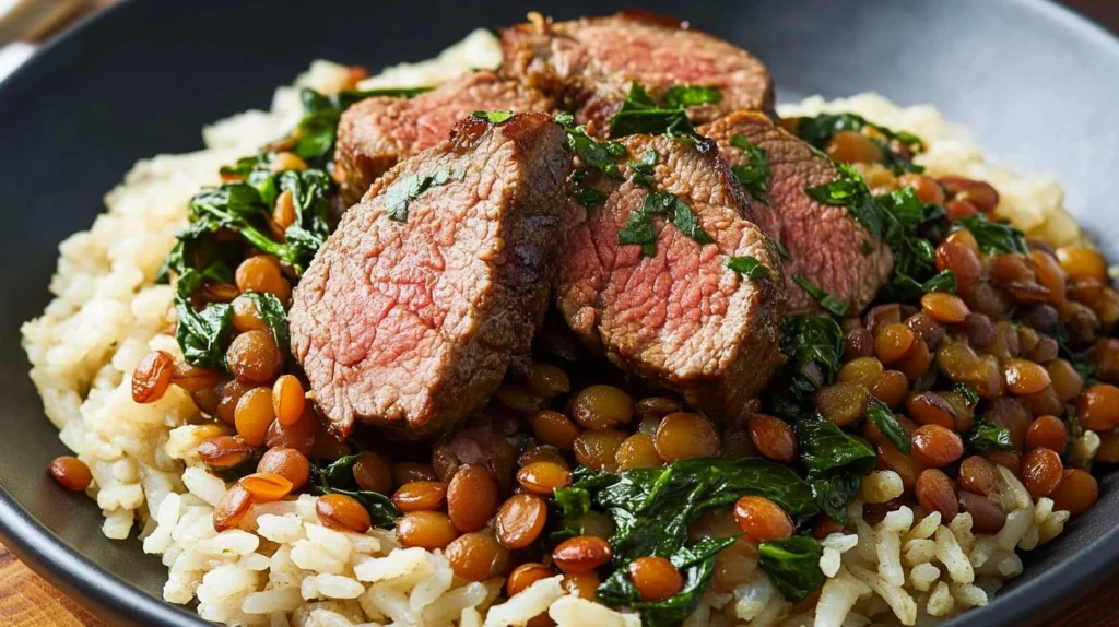 Cooking steps for Lamb Lentils Rice Spinach Recipe - Searing lamb, sautéing spices, and simmering rice with lentils.