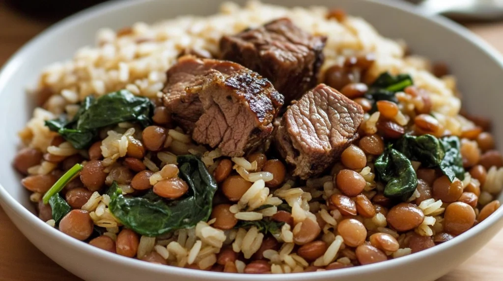 Served Lamb Lentils Rice Spinach Recipe - Garnished with fresh herbs and paired with flatbread.