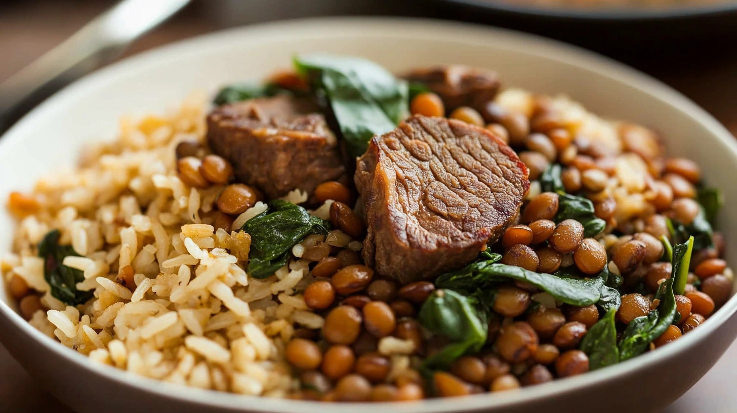 Lamb Lentils Rice Spinach Recipe - A healthy one-pot meal with lamb, lentils, spinach, and rice.