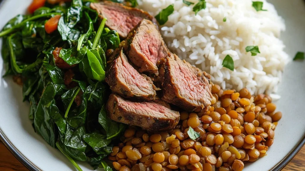 Ingredients for Lamb Lentils Rice Spinach Recipe - Fresh lamb, lentils, rice, and spinach.