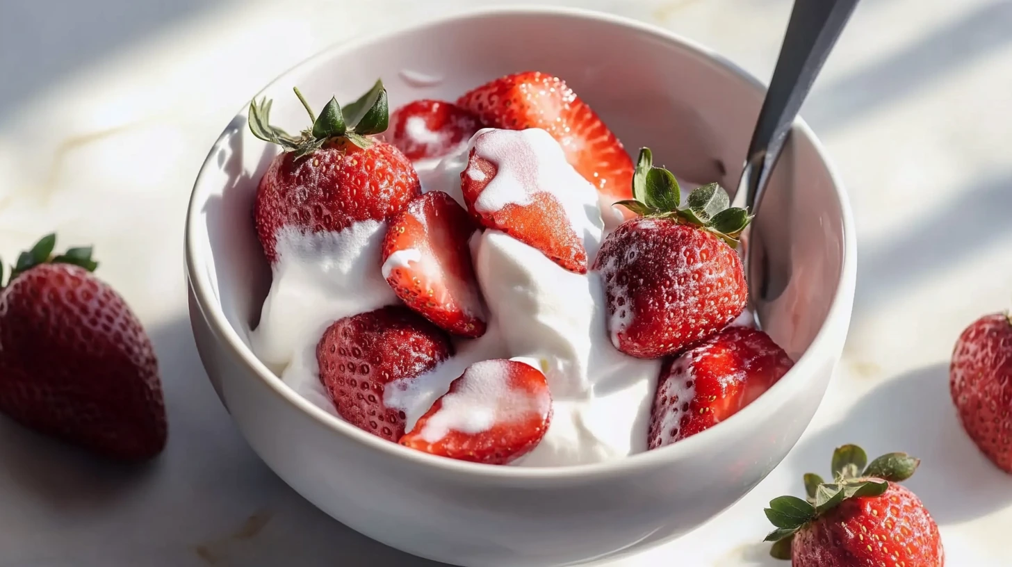 Fresh strawberries with whipped cream dessert in a bowl.