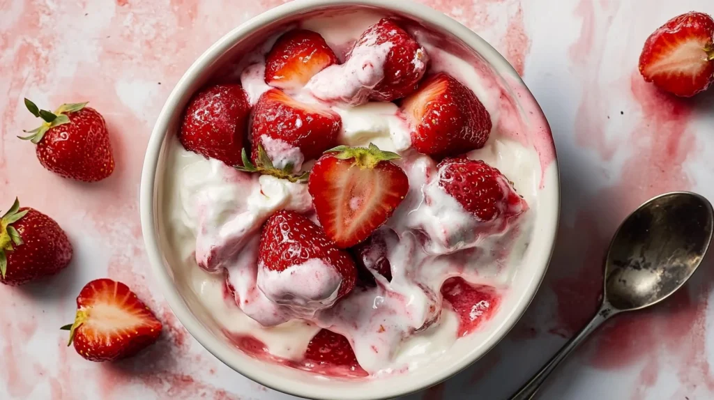 Elegant presentation of strawberries and cream for a summer dessert.