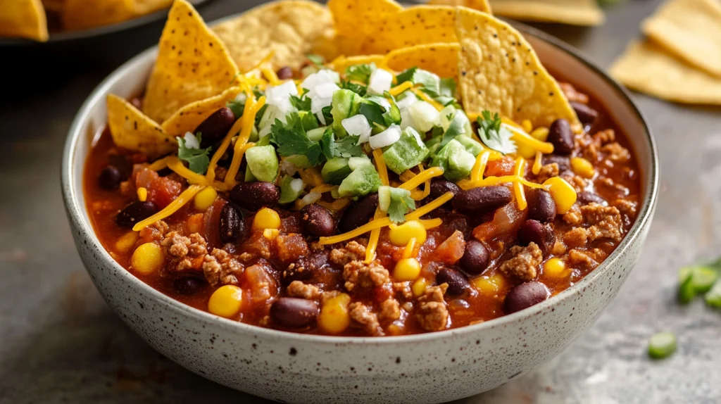 A gourmet variation of taco soup frios topped with crumbled queso fresco and a drizzle of avocado crema.