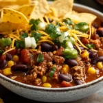 A steaming bowl of taco soup frios with sour cream, avocado, and tortilla chips, perfect for a Tex-Mex-inspired meal.