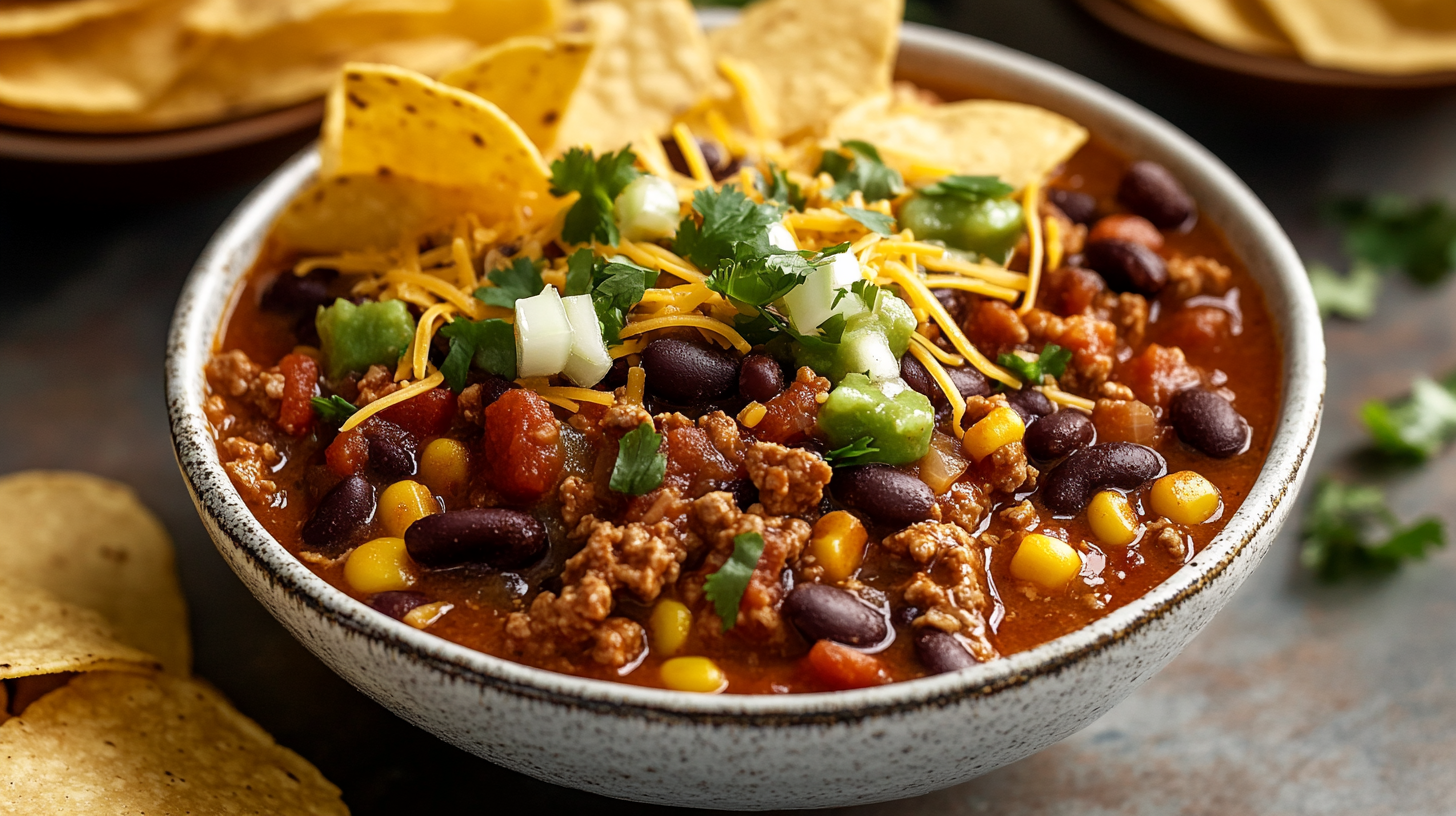 A steaming bowl of taco soup frios with sour cream, avocado, and tortilla chips, perfect for a Tex-Mex-inspired meal.