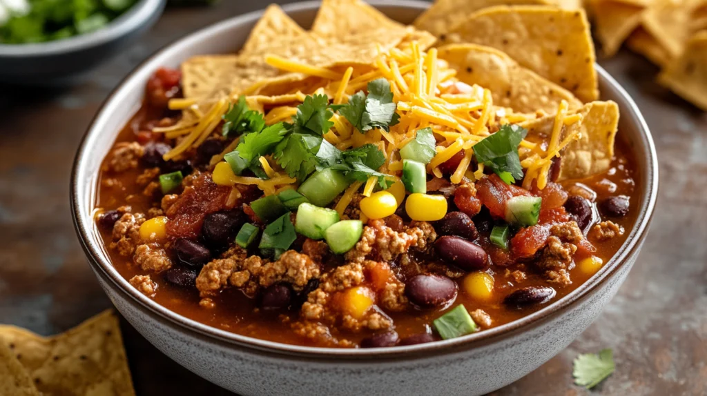 Ingredients for taco soup frios, including beans, corn, diced tomatoes, taco seasoning, and fresh toppings.